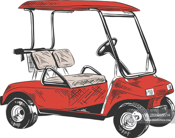 PNG engraved style illustration for posters, decoration and print. Hand drawn sketch of golf cart in red isolated on white background. Detailed vintage etching style drawing.