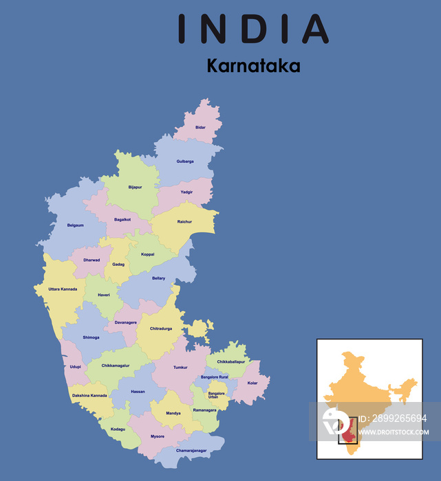 Karnataka full map. vector illustration of colourful district map of karnataka