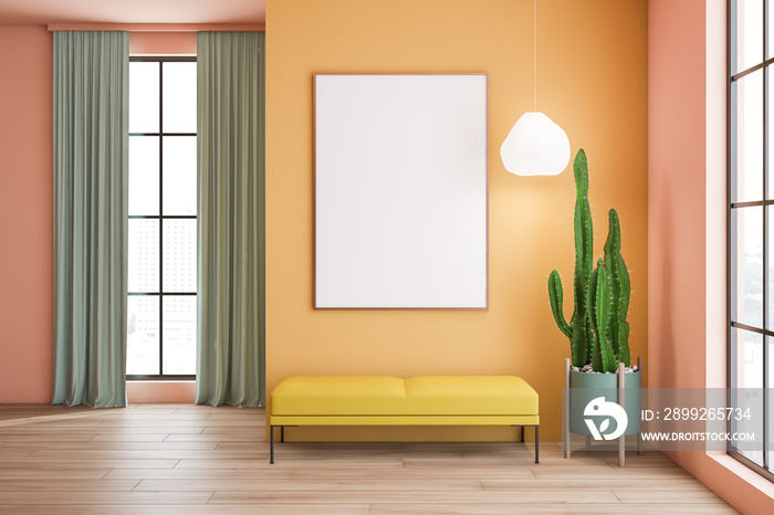 Yellow living room with bench and poster