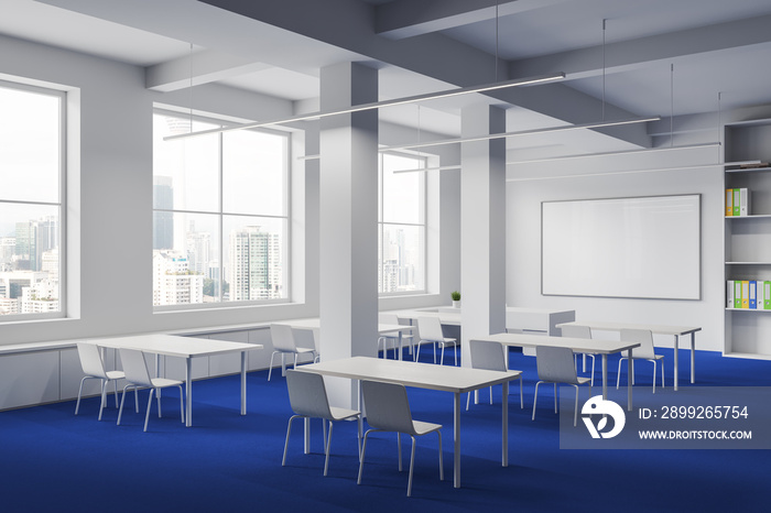 Stylish white classroom interior with table in row and shelf near window