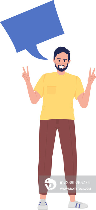 Guy speaking spanish language semi flat color raster character with speech bubble. Standing figure. Full body person on white. Simple cartoon style illustration for web graphic design and animation