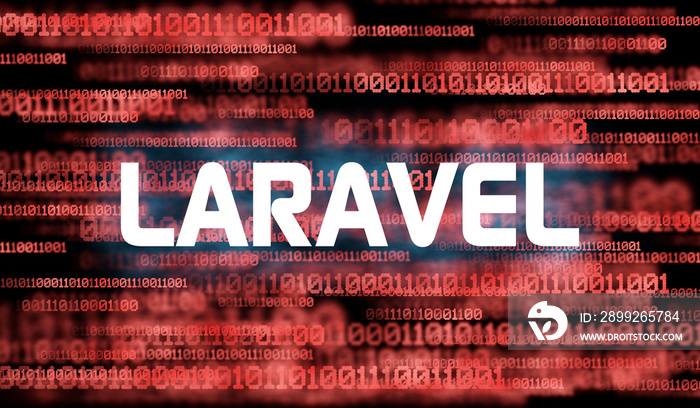 Word Laravel and abstract cyberspace with binary code on dark background .Laravel PHP Framework programming language.