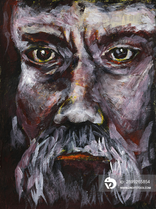 The portrait of an old man with a mustache is painted with acrylic in brown tones