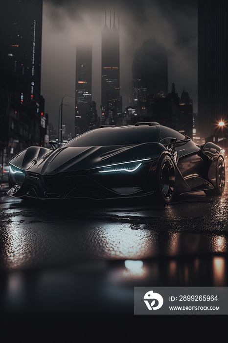 car black in a dark futuristic cityscape lights