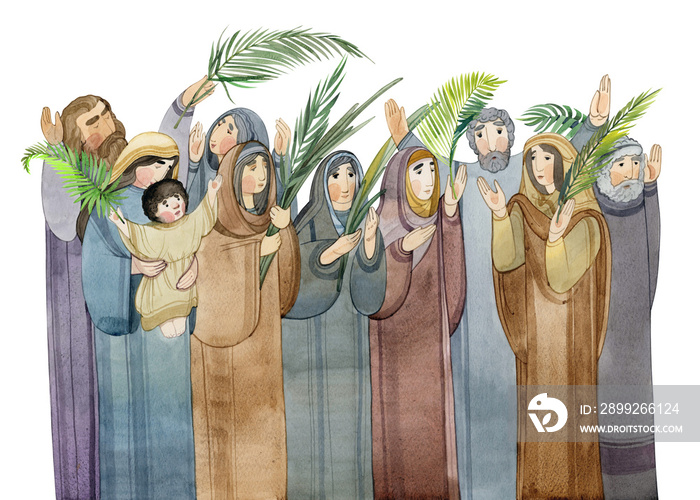 Watercolor hand-drawn illustration  Palm Sunday , with praying people, apostles in prayer, with palm branches. Decorative border for the background of Christian publications, banners, websites