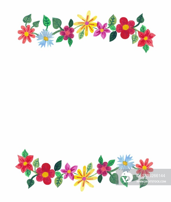 Watercolor colorful simple flowers. Frame or border. Isolated on white background. Top and bottom. Text, photo or picture place. Card or invitation for wedding day.