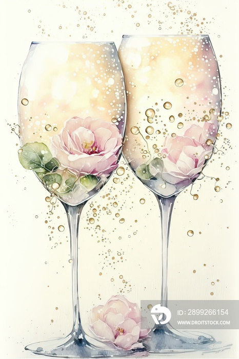 Watercolour style, magical dreams in 2 champagne glasses, pearls, pale pink rose petals