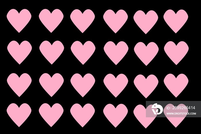 Set of pink hearts in rows on black background