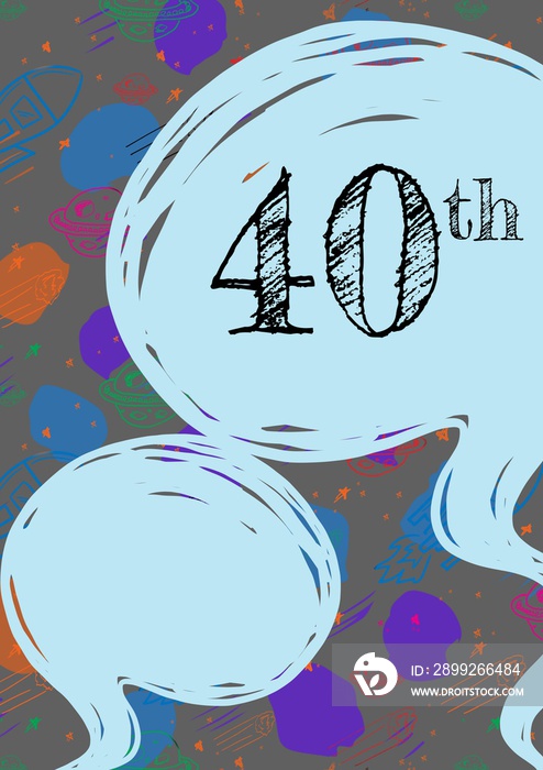 40th written in black in speech bubble on invite with empty speech bubble and painterly background