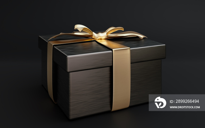 Mock-up poster, very expensive brushed black gift box with gold bow on dark background, 3D Render, 3D Illustration