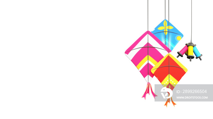 3D Render Of Colorful Kites With String Spools Hang Element.