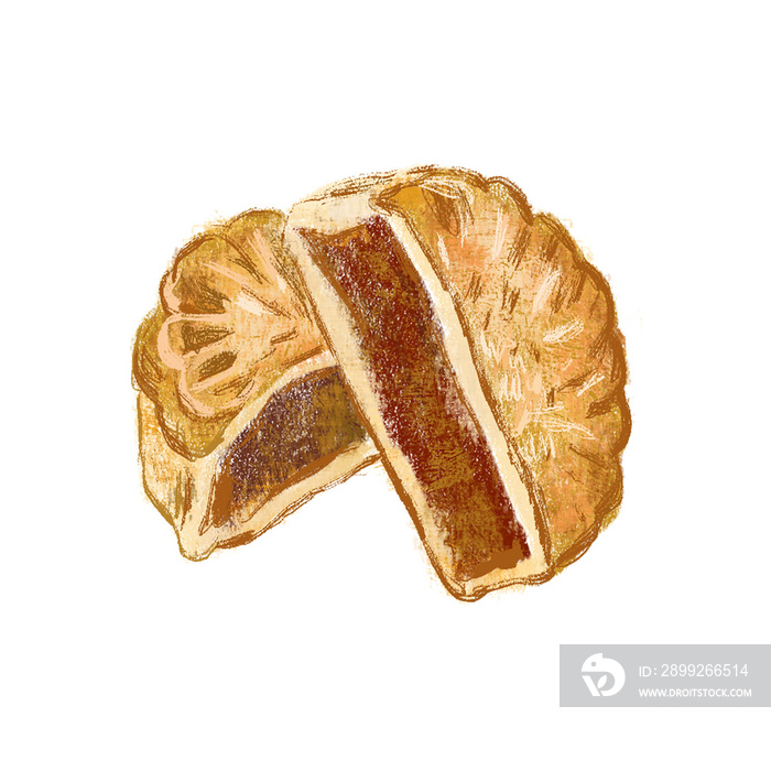 Sliced brown red bean pastry in digital pastel painting illustration art