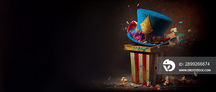 Jack in the Box with confetti, jester hat. April fool day concept with box surprise. Banner 3D illustration with a copy of the place for the text