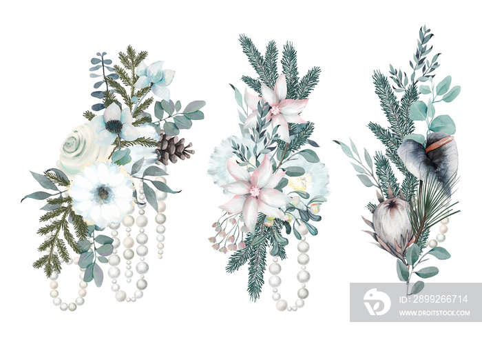 Set of watercolor winter bouquets with white flowers, plants and pearl garlands; Christmas floral clipart on white background