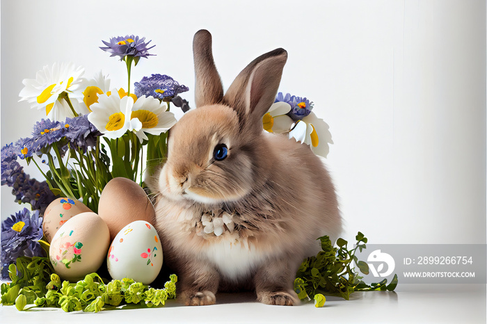 Cute alice in wonderland rabbit with Flowers and Easter Eggs, white background