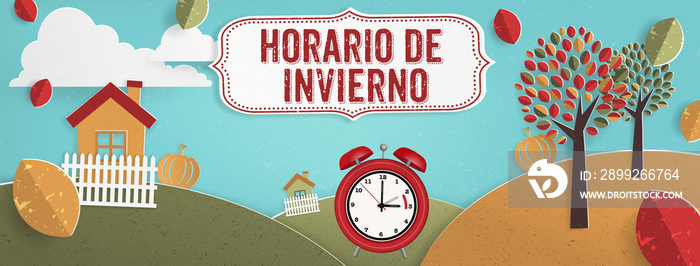 Autumn time change banner with Spanish title, illustration with alarm clock for fall daylight savings time change