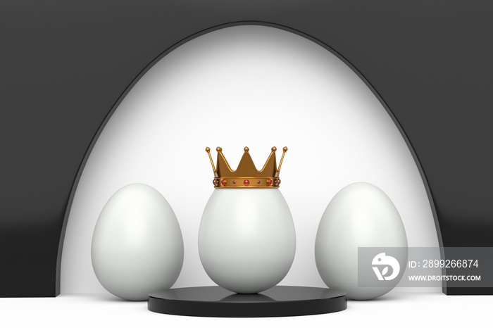 White chicken eggs in row and unique gold egg in royal king crown on podium