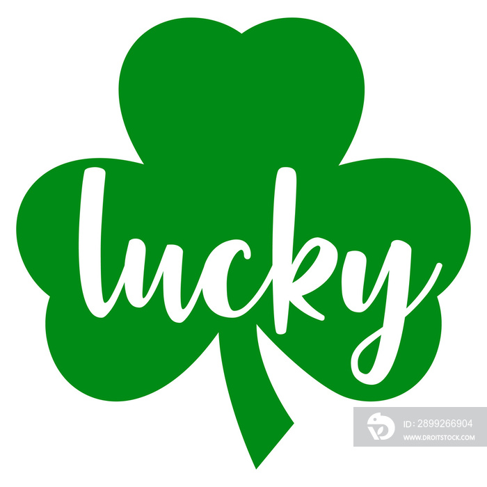 Día de San Patricio. Silueta aislada de trébol de 3 hojas con texto manuscrito lucky