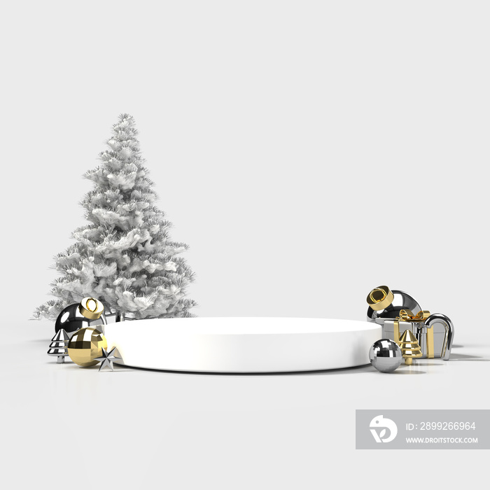 White round podium with festive ornaments on a white clean background for Christmas and New Year. 3D rendering.