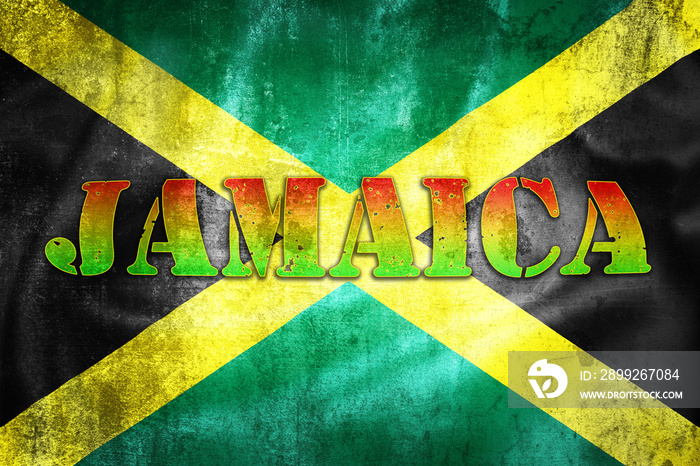 Jamaica colorful label illustration on grunge Jamaica flag