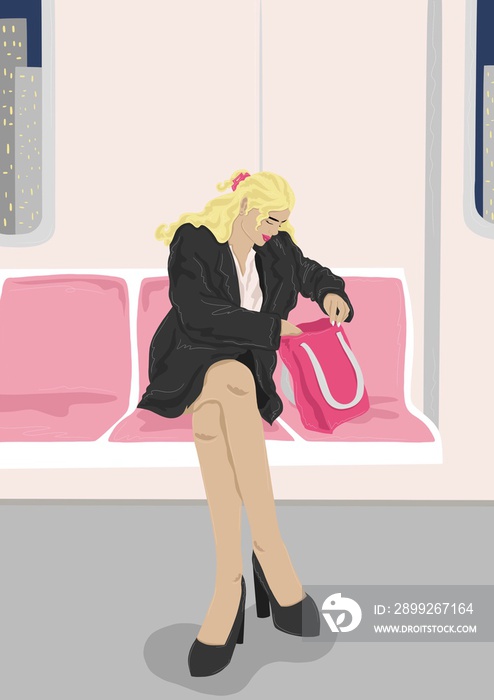 Woman commuting to work on train