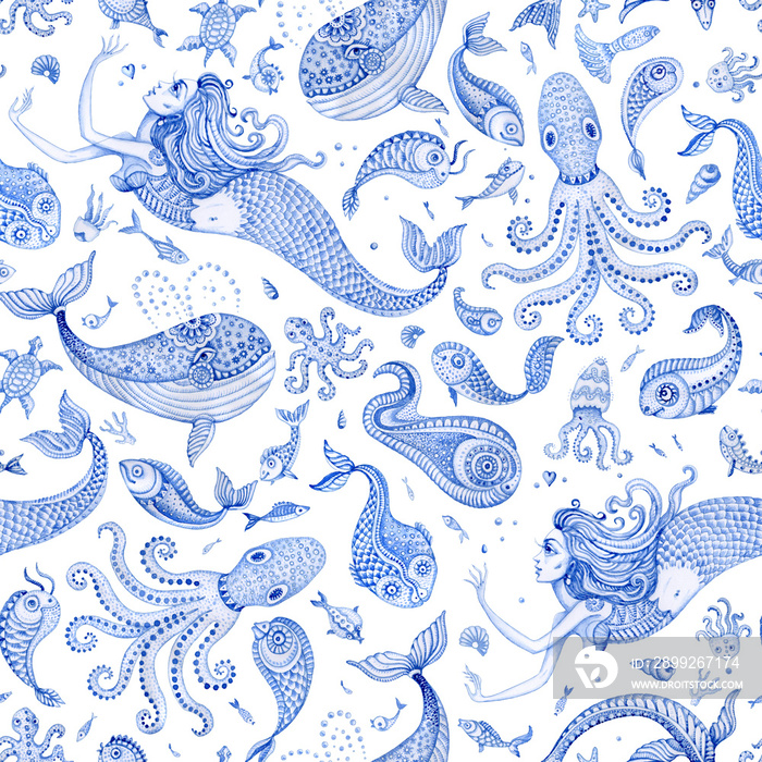 Seamless wallpaper pattern of indigo blue hand painted fairy tale sea animals and mermaid. Watercolor fantasy fish, octopus, coral, sea shells, bubbles, isolated on a white background