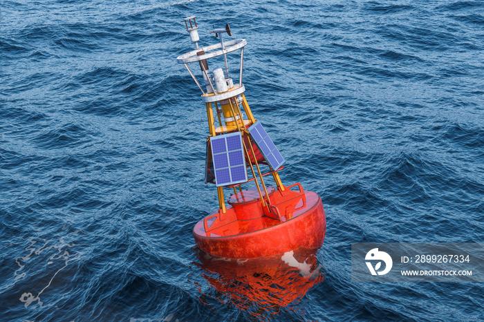 Marine buoy with solar panels in the open sea, 3D rendering