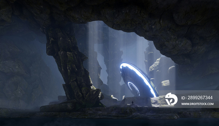 3d render. UFO in an ancient huge cave in the rays of light.