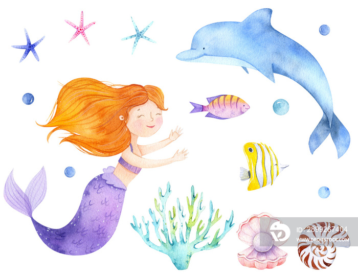Mermaid princess cute watercolor illustration. Cute baby jellyfish animal underwater graphics. Marine fish hand-drawn, sea animal. Ocean children girl illustration. Baby shower mermaid clip art