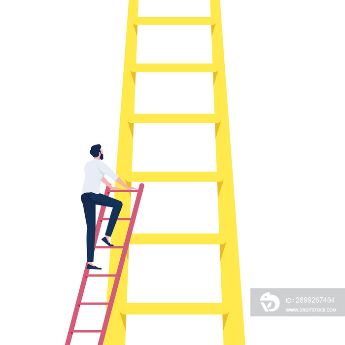 Startup entrepreneur and joining an established business market as a businessman climbing a small ladder to join a bigger one as a success metaphor