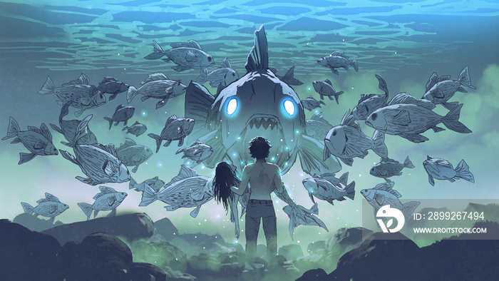 a man holding a mermaid confronts a group of legendary fish under the sea, digital art style, illustration painting