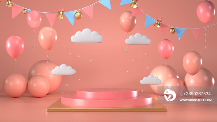 3d render image of Bright Round Podium Pedestal Scene With Pink Background And Balloons