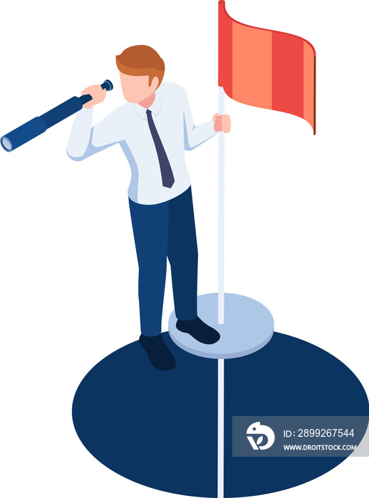 Isometric businessman standing on pole with telescope come up from the hole