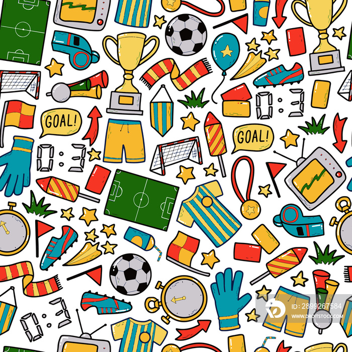 soccer football seamless pattern with doodles for wrapping paper, scrapbooking, backgrounds, textile prints, sports decor, etc.