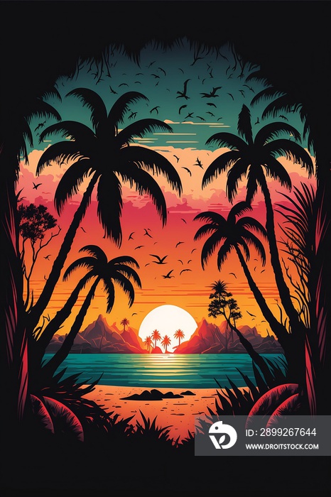 A serene and beautiful vector illustration of a picturesque beach landscape, featuring lush tropical palm trees and a vibrant, colorful sunrise, in a minimalist style