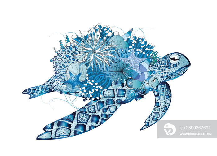 fantasievolle blaue Wasserschildkröte mit Korallen