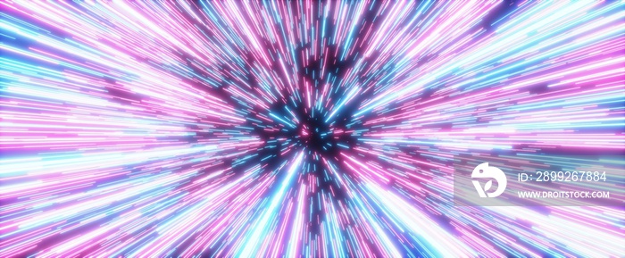 Lightspeed time travel through a wormhole. Magical burst of light that creates colorful glowing neon blue and purple hyperspace warp tunnel for interstellar journey. 3D illustration of light in motion