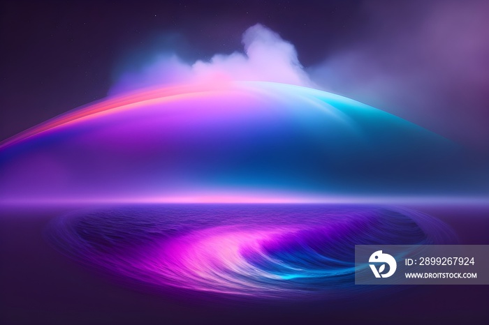 Abstract art background with free space featuring a mysterious stormy sky, a blue-purple glowing fog cloud wave, mist texture, color smoke, and paint water blend.