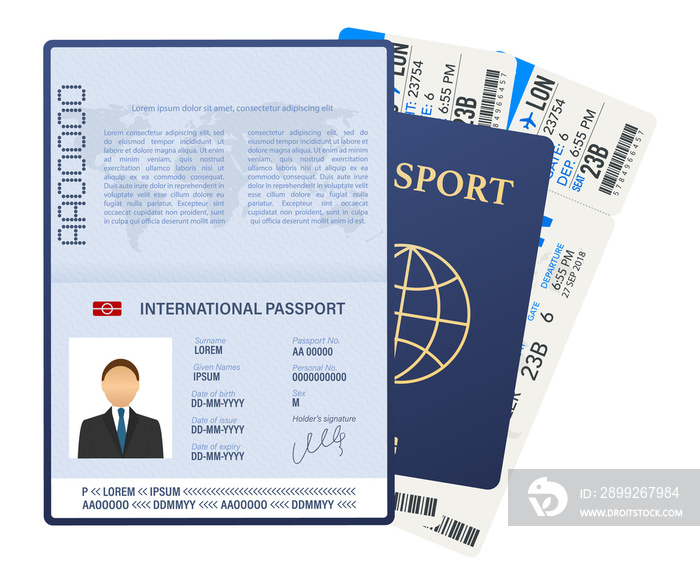 Passport with tickets. Air travel concept. Flat Design citizenship ID for traveler isolated.  stock illustration.