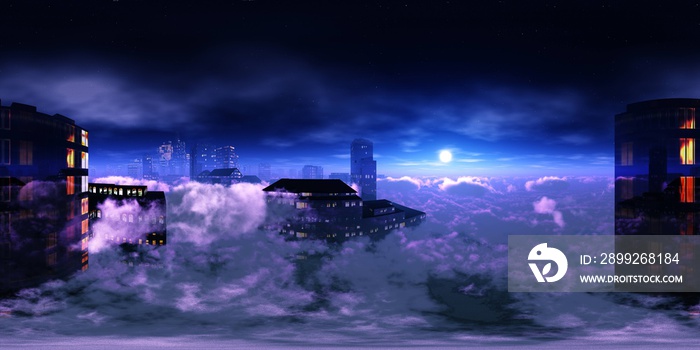 Night city among the clouds, HDRI, environment map , Round panorama, spherical panorama, equidistant projection, panorama 360, above the clouds, 3D rendering