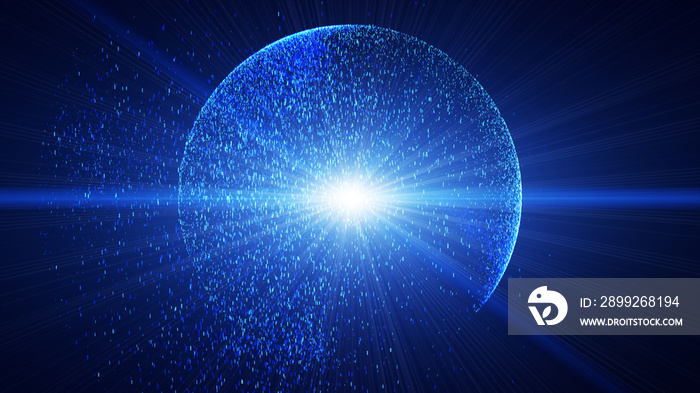 The dark blue background has a small blue  dust particle that shines in a circular motion, explosion light ray beam.