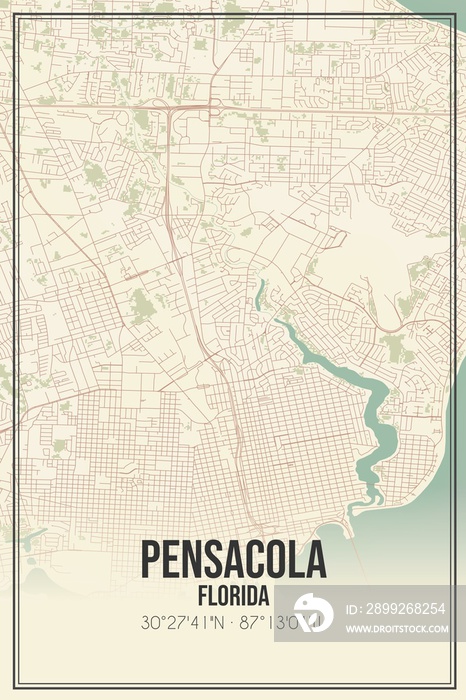 Retro US city map of Pensacola, Florida. Vintage street map.