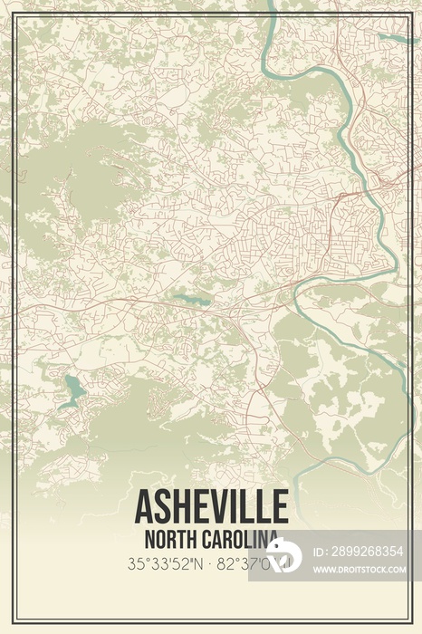 Retro US city map of Asheville, North Carolina. Vintage street map.