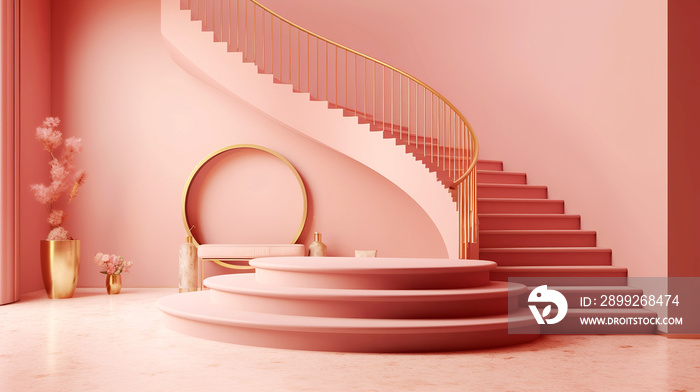 A beautiful pink room with steps and a podium.