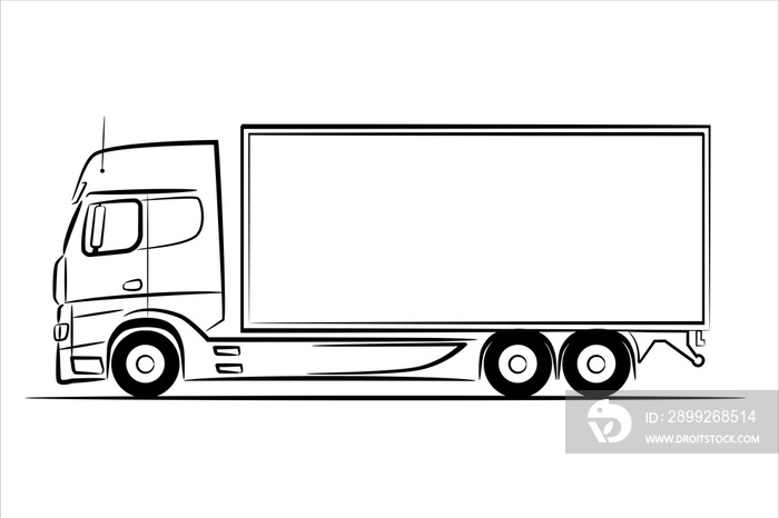 A hand drawn line art of a truck car. Outline truck, lorry, side view. Urban cargo transportation over short distances. Modern flat  illustration.