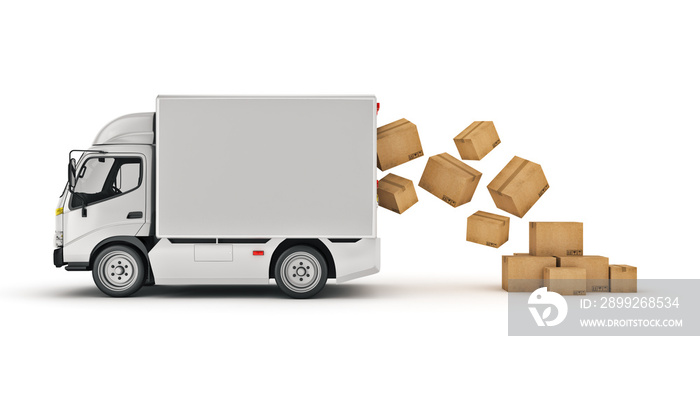 white delivery truck with cardboard boxes. 3d rendering