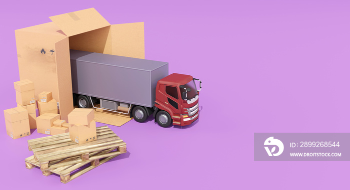 3D rendering truck is driving out of brown box , logistic and delivery concept , the big brown box make it look like warehouse surrounded by truck , pallet and box