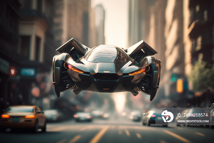 Flying cars: A sleek, futuristic flying car soaring over a bustling city.