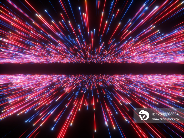 3d render, big bang, galaxy horizon, abstract cosmic background, celestial, beauty of universe, speed of light, fireworks, red blue neon glow, stars, cosmos, infrared light, outer space