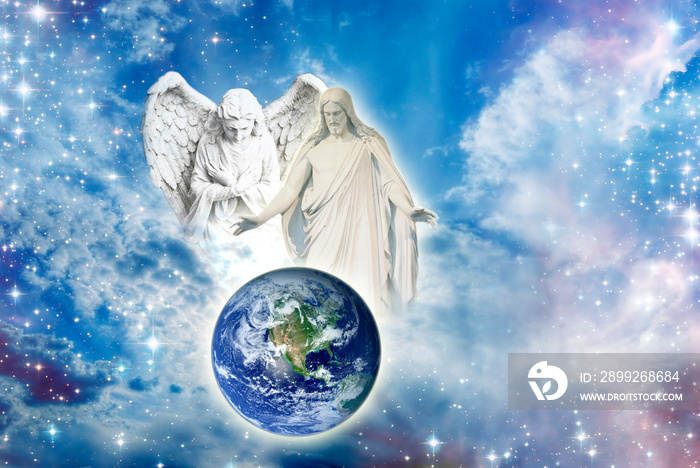 angel archangel and Jesus Christ with open arms over Earth in divine sky with Light like peace, hope, protection and spiritual or religious conceot